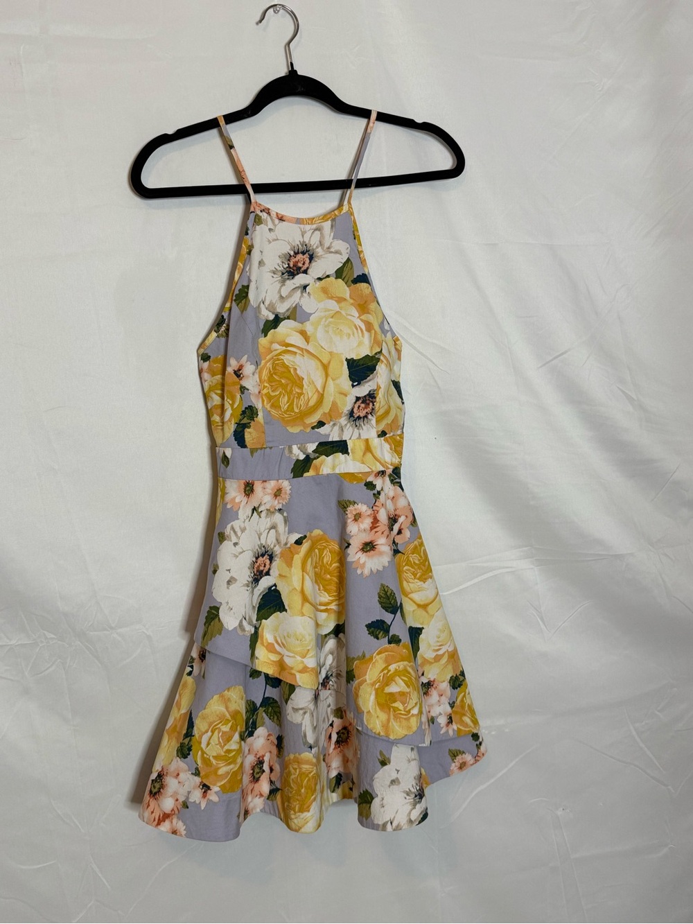 Speechless Floral Fit & Flare Dress Size 7 Lavender Yellow Rose Print Asymmetric